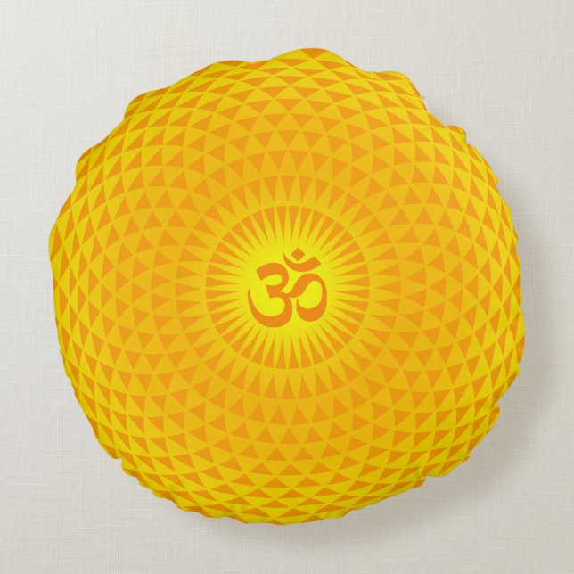 Yellow Golden Sun Lotus flower meditation wheel OM Round Pillow (Back)