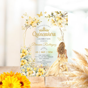 Yellow Golden Tiara Floral Butterfly Quinceañera Acrylic Invitations