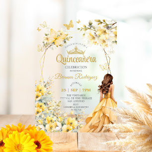 Yellow Golden Tiara Floral Butterfly Quinceañera Acrylic Invitations
