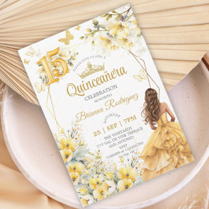 Yellow Golden Tiara Floral Butterfly Quinceañera Invitation