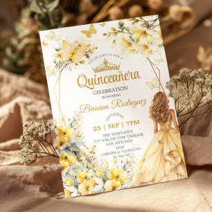 Yellow Golden Tiara Floral Butterfly Quinceañera Invitation