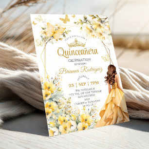 Yellow Golden Tiara Floral Butterfly Quinceañera Invitation