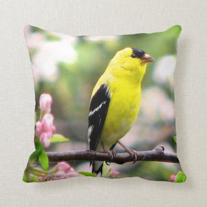 Yellow Goldfinch Bird in Pink Flowers Throw Pillow