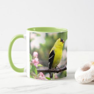 Yellow Goldfinch Bird with Pink Apple Flowers Mug