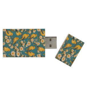 Yellow Goldfinch Birds And White Daisies Blue Wood Flash Drive