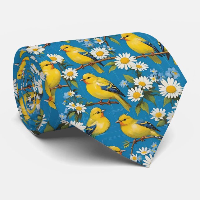 Yellow Goldfinch Birds On Branches & White Daisies Neck Tie (Rolled)