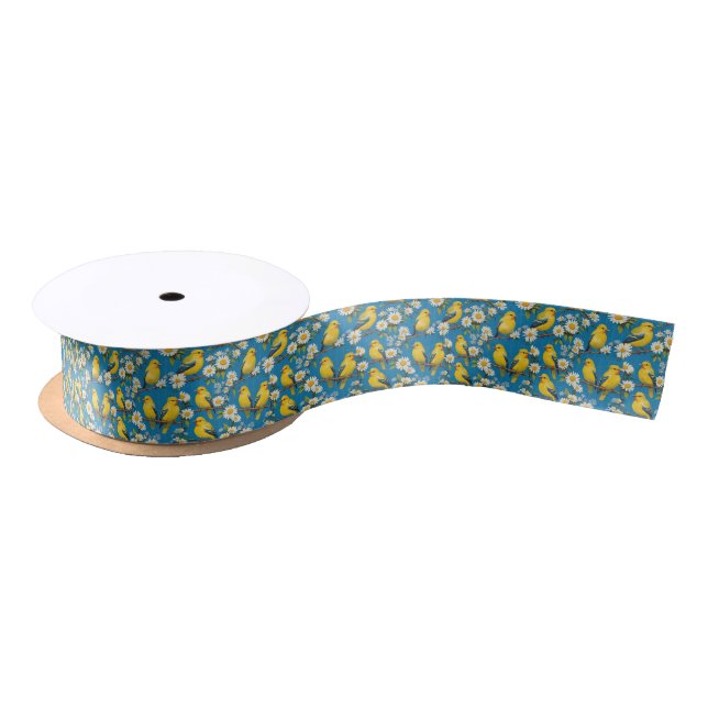 Yellow Goldfinch Birds On Branches With Daisies Satin Ribbon (Spool)