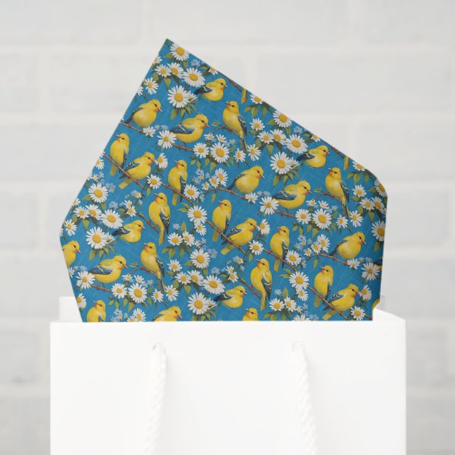 Yellow Goldfinch Birds On Branches With Daisies Tissue Paper (Gift Bag)