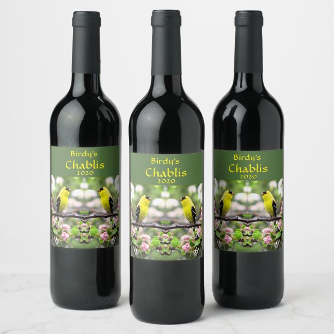 Yellow Goldfinch Birds on Pink Flowers Wine Label
