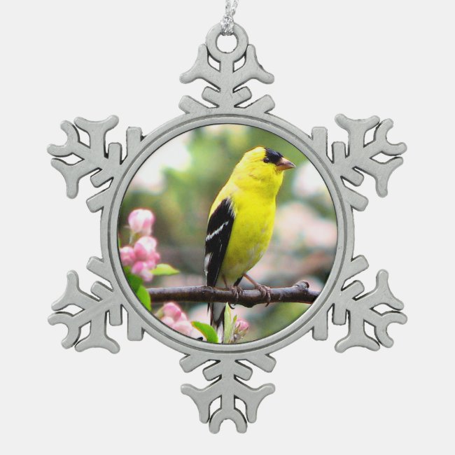 Yellow Goldfinch Birds Pewter Snowflake Ornament