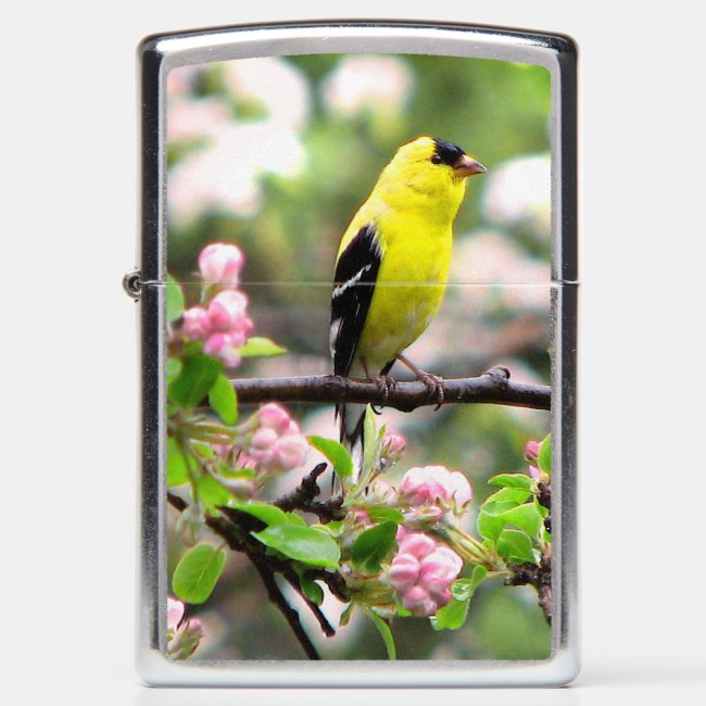 Yellow Goldfinch with Pink Flowers Zippo Lighter