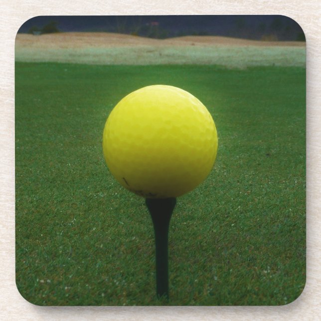 Yellow Golf Ball on a mountain golf course Beverage Coaster (Front)