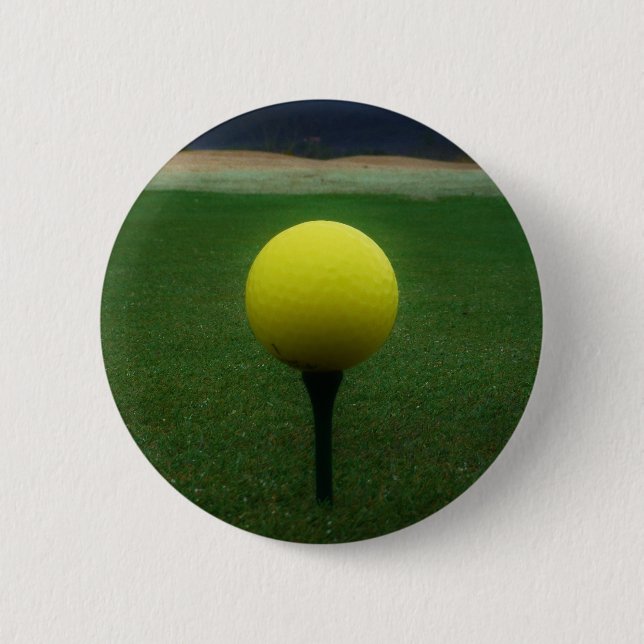 Yellow Golf Ball on a mountain golf course Button (Front)