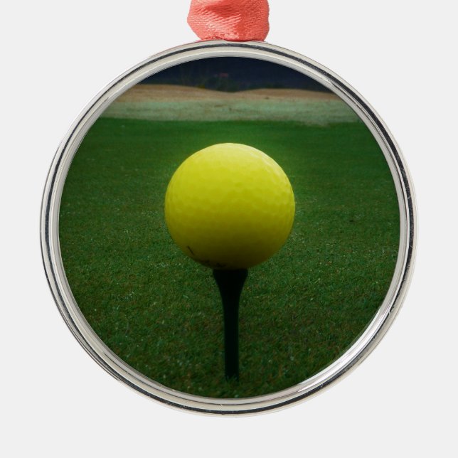 Yellow Golf Ball on a mountain golf course Metal Ornament (Front)