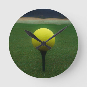 Yellow Golf Ball on a mountain golf course Round Clock