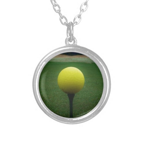 Yellow Golf Ball on a mountain golf course Silver Plated Necklace