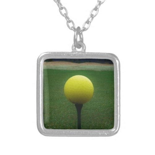 Yellow Golf Ball on a mountain golf course Silver Plated Necklace