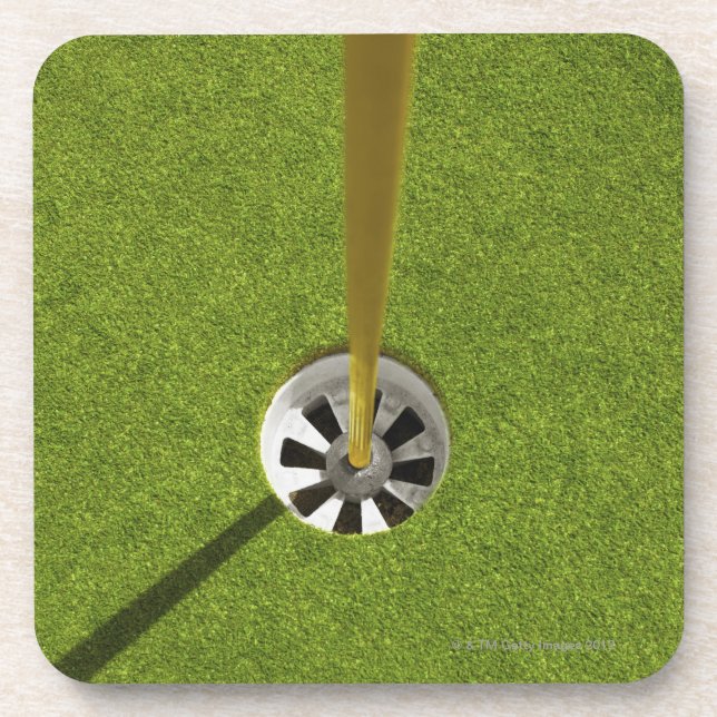 Yellow golf flag pole and hole beverage coaster (Front)