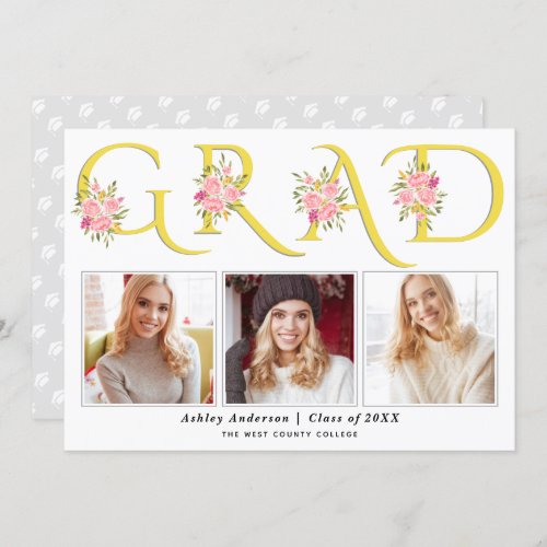 Yellow GRAD typography pink roses photo graduation Announcement