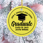 Yellow Graduate Custom Graduation Christmas Ceramic Ornament<br><div class="desc">This modern yellow and black custom senior graduate Christmas ornament features your high school or college name for the class of 2025. Customize with your graduating year under the chic handwritten script and black grad cap for a great personalized graduation gift.</div>