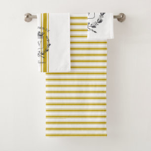 Yellow Grain Sack Stripe Vintage Family Crest Bath Towel Set