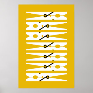 Yellow Graphic Clothes Pins Laundry Room Art Poster