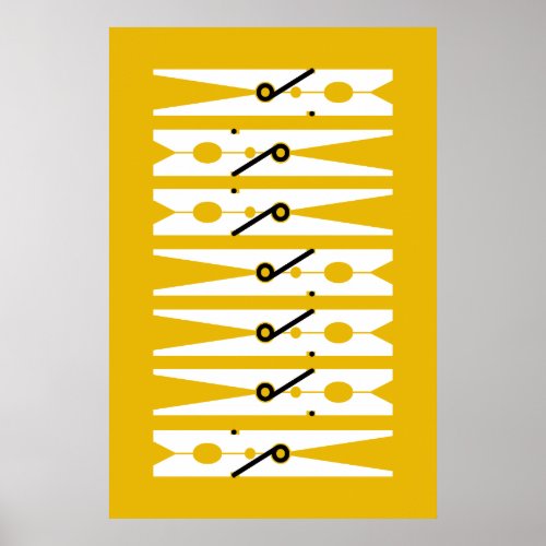 Yellow Graphic Clothes Pins Laundry Room Art Poster