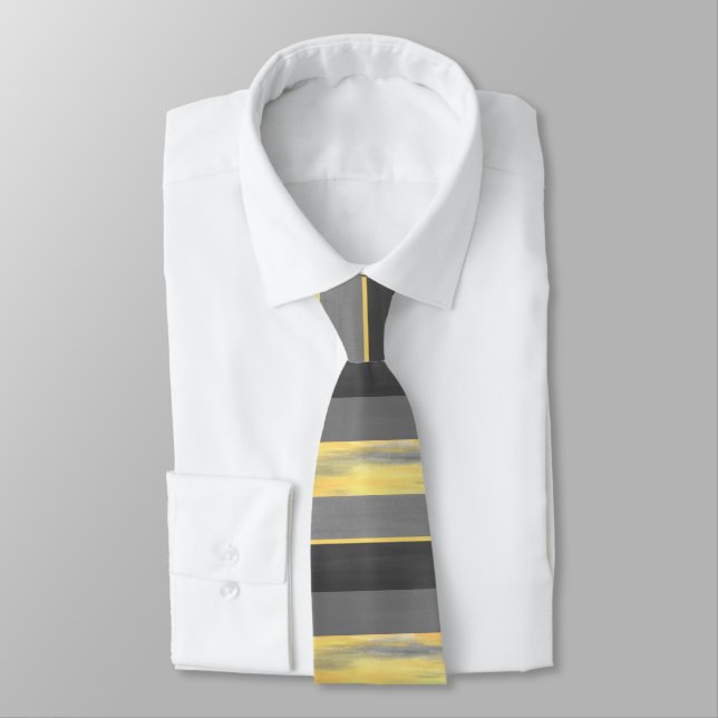 Yellow Gray Abstract Block Stripes Neck Tie (Tied)
