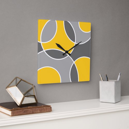 Yellow Gray Abstract Circles  Square Wall Clock