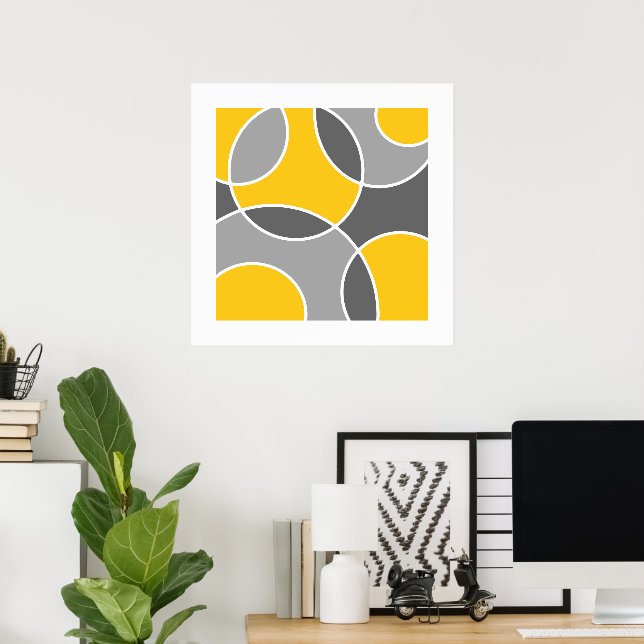 Yellow Gray Abstract Circles Throw Pillow Poster (Home Office)