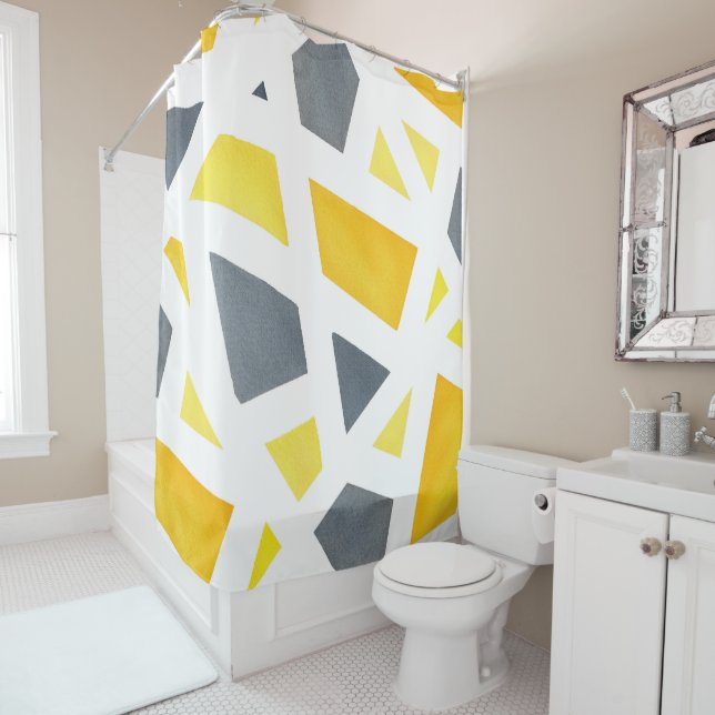 Yellow Gray Abstract Geometric Shower Curtain (In Situ)