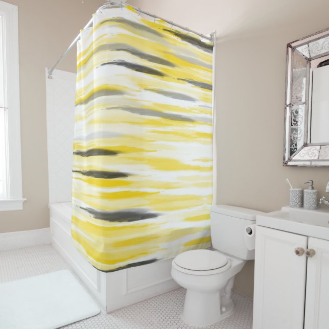 Yellow Gray Abstract Stripes  Shower Curtain (In Situ)