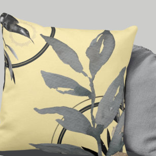 Yellow & Gray Abstract Watercolor Leaves Throw Pillow