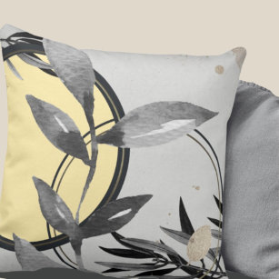 Yellow & Gray Abstract Zen Watercolor Leaf Throw Pillow