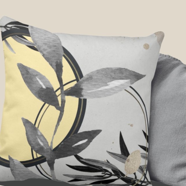 Yellow & Gray Abstract Zen Watercolor Leaf Throw Pillow (Creator Uploaded)