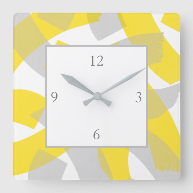Yellow Gray Acrylic Abstract Brushstrokes  Square Wall Clock (Front)