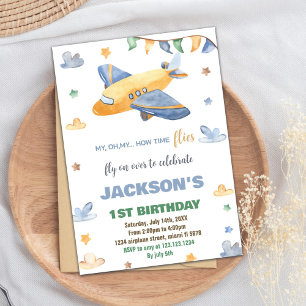 Yellow Gray Airplane Birthday Invitations