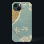 Yellow, Gray and Beige Bird Perched on a Branch iPhone 13 Case<br><div class="desc">Chariklia Zarris is known for her abstract art pieces. In this drawing of a profile of a bird on a blue teal background,  she captured the simplicity of the bird. The white flowers add a romantic touch. Customize your favorite Zazzle product using this beautiful image.</div>