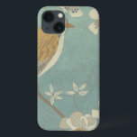 Yellow, Gray and Beige Bird Perched on a Branch iPhone 13 Case<br><div class="desc">Chariklia Zarris is known for her abstract art pieces. In this drawing of a profile of a bird on a blue teal background,  she captured the simplicity of the bird. The white flowers add a romantic touch. Customize your favorite Zazzle product using this beautiful image.</div>