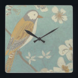 Yellow, Gray and Beige Bird Perched on a Branch Square Wall Clock<br><div class="desc">Chariklia Zarris is known for her abstract art pieces. In this drawing of a profile of a bird on a blue teal background,  she captured the simplicity of the bird. The white flowers add a romantic touch. Customize your favorite Zazzle product using this beautiful image.</div>