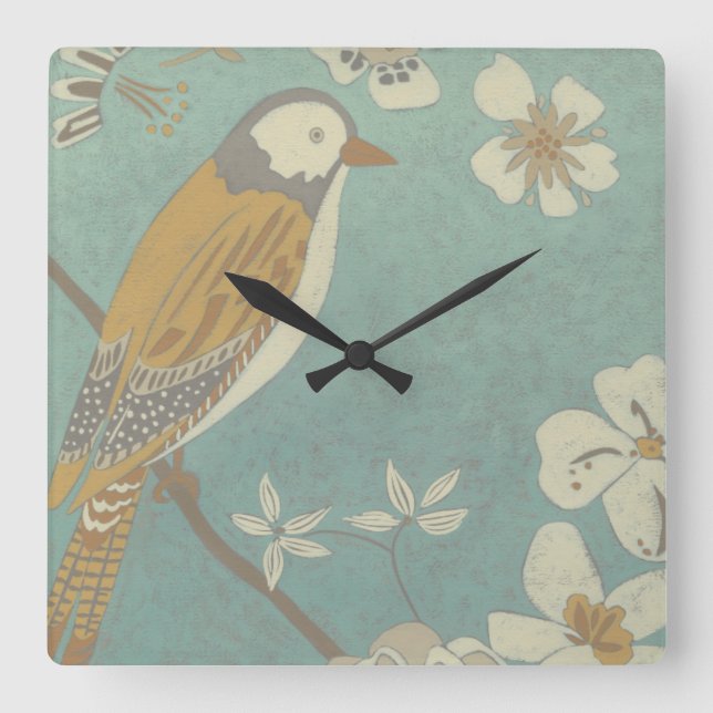 Yellow, Gray and Beige Bird Perched on a Branch Square Wall Clock (Front)