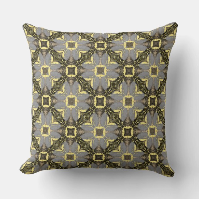Yellow, Gray, and Black Flowers Pattern Throw Pillow (Front)