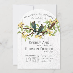 Yellow Gray and Blue Green Vintage Birds Wedding Invitation