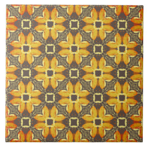 Yellow, Gray, and Taupe Hipster Flowers Pattern Ceramic Tile