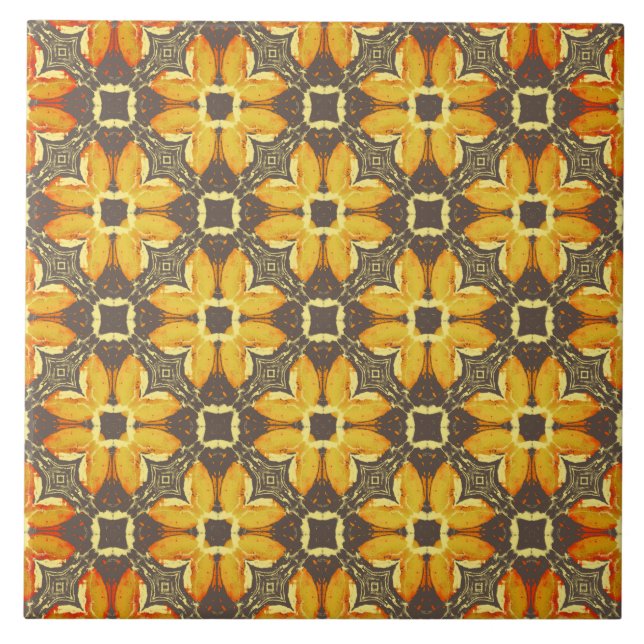 Yellow, Gray, and Taupe Hipster Flowers Pattern Ceramic Tile (Front)