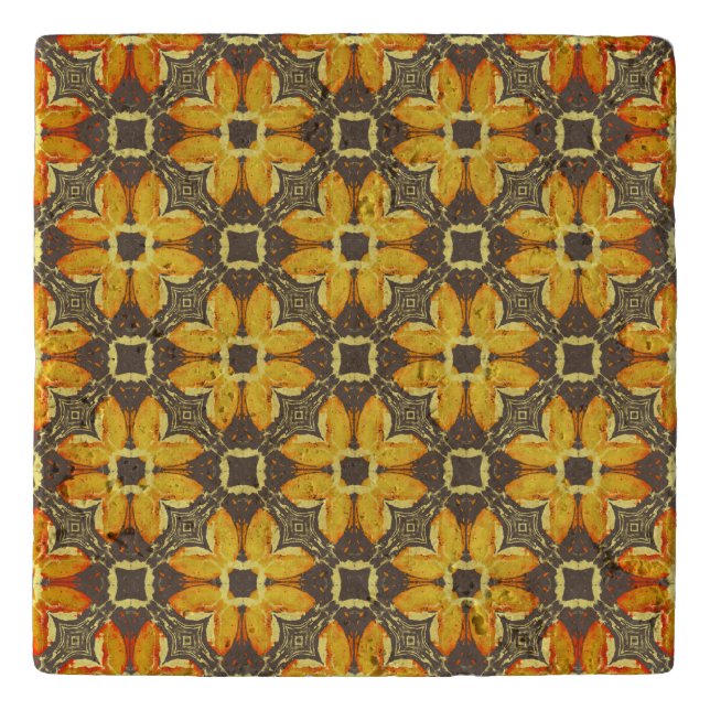 Yellow, Gray, and Taupe Hipster Flowers Pattern Trivet (Front)