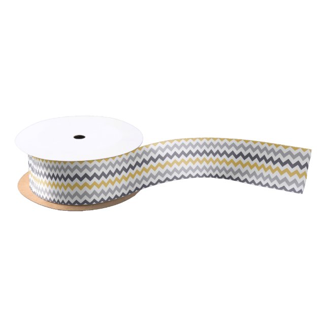 Yellow, Gray, and White Chevron Pattern Satin Ribbon (Spool)