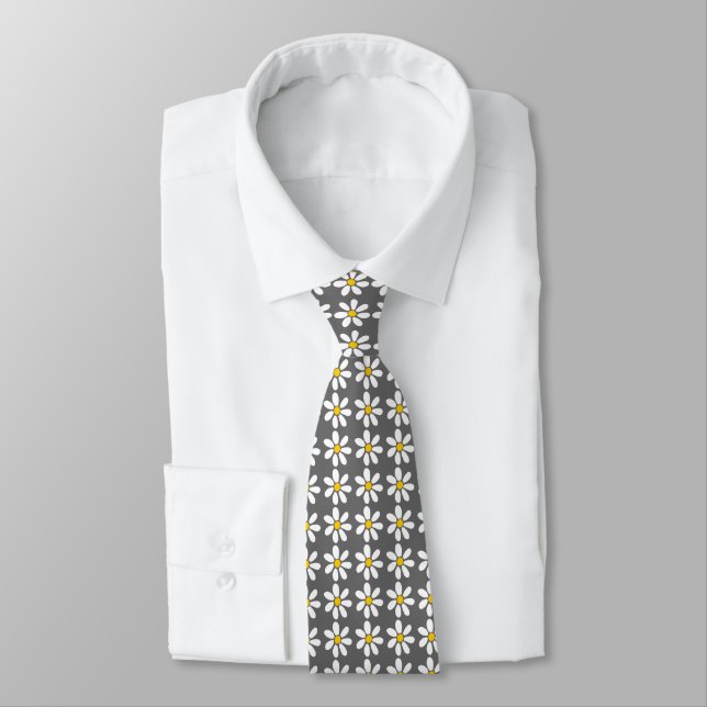 Yellow Gray and White Daisy Pattern Neck Tie (Tied)
