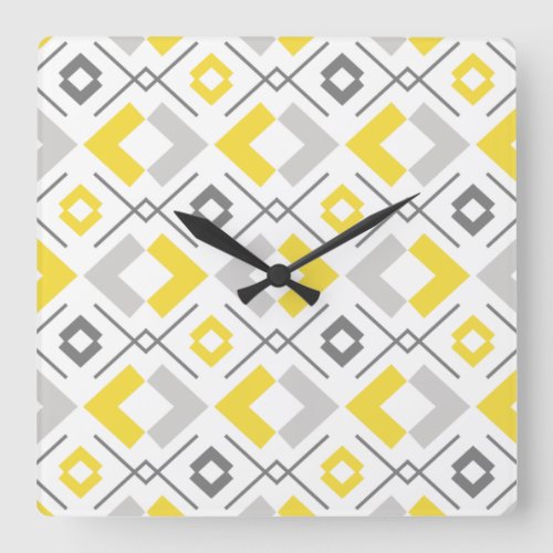 Yellow gray and white geometric pattern square wall clock