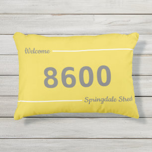 Yellow, Gray and White House Number Street Address Outdoor Pillow